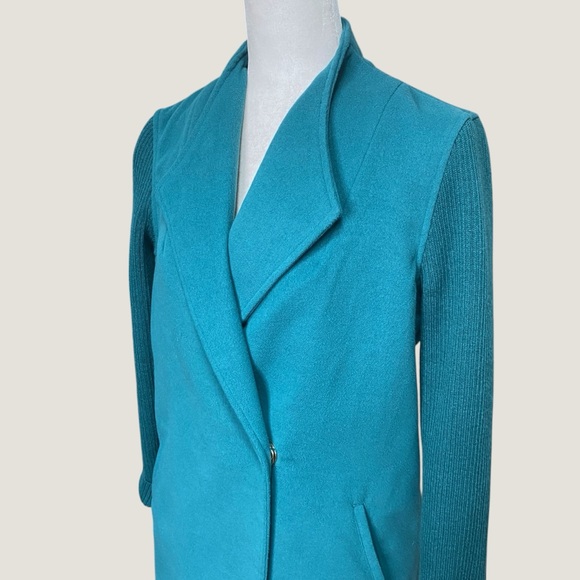 Kenneth Cole Women’s Midi Long Car Coat Teal Sz M Overcoat Ribbed Knit Sleeves - Picture 6 of 15